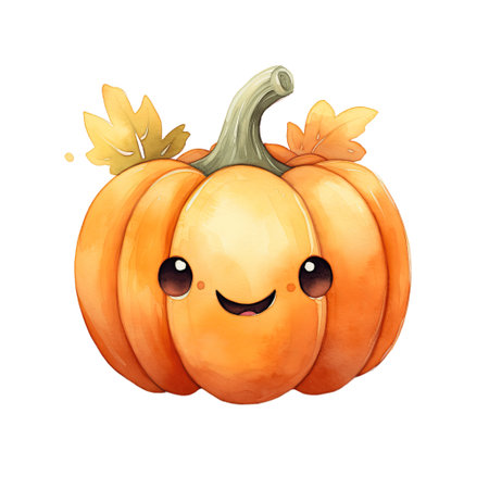 Cute halloween pumpkin watercolor. Orange cartoon character on white background. Quirky template for cards, posters, stickers. Halloween illustration in watercolor style.の素材