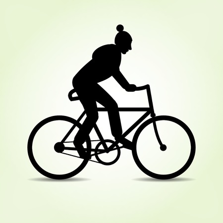 Teenager, guy goes by bike. Male bicycle icon. Sport symbol. Black silhouette with shadow on light green. Minimalistic flate design. Vectorのイラスト素材