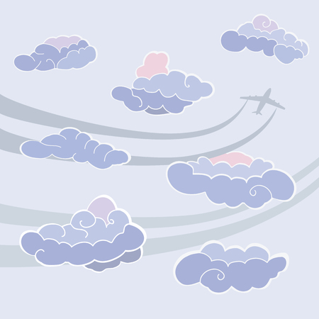 Clouds icon set. Sky pattern. Templete with clouds and plane signs. Colored icons on grey background. Vector isolatedのイラスト素材