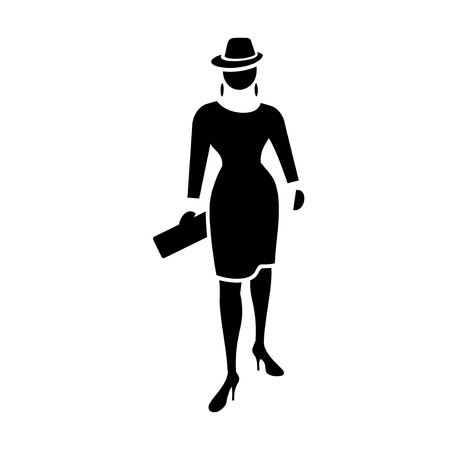 Busines woman icon. Fashion lady with small bag and hat. Social, people, female symbol. Black silhouette. Vectorのイラスト素材