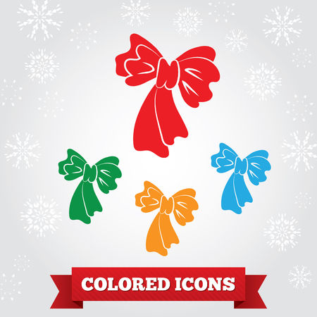 Bow icon. Holiday, birthday symbol. Red, green, blue, yellow colored signs on light gray background with snowflakes. Vector isolatedのイラスト素材