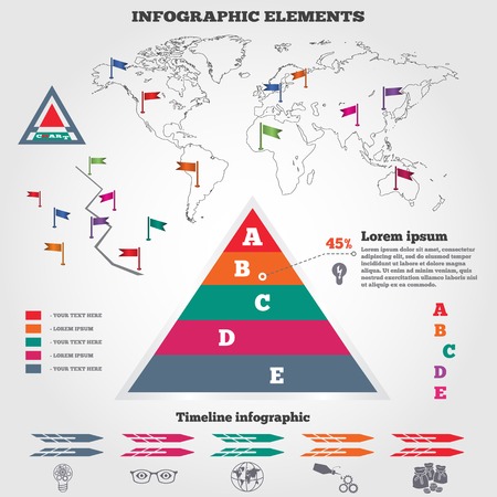 Infographics elements. Pyramid chart, map  and timeline diagram with icons. Modern colored flat banner. Five options. Vector illustration.のイラスト素材