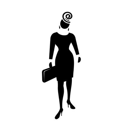 Busines woman icon. Fashion lady with small bag and hat. Social, people, female symbol. Black silhouette. Vectorのイラスト素材