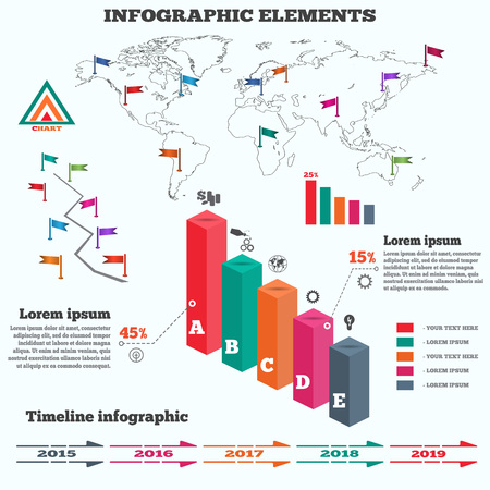 Infographics set. Rectangle columns. Prismatic solid, map, timeline diagram. Three-dimensional chart of data with icons and shadow. Business banner, five step options. Vectorのイラスト素材