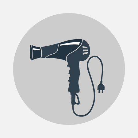 Hairdryer, blow dryer, two-pin plug icon. Professiona hairdresser tool symbol. Black sign on round gray flat button with shadow. Vectorのイラスト素材