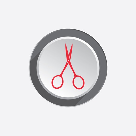 Small scissors tool icon. Cut symbol. Red sign on three-dimensional white-gray button with shadow. Vectorのイラスト素材