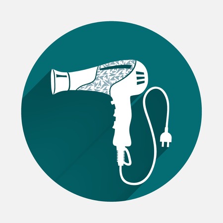 Professional blow hairdryer with cord and two-pin plug. Marine design. Modern colored on turquoise round circle symbol. Vectorのイラスト素材