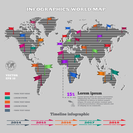 World map pattern. Gray striped silhouette on light gray background. Texture with infographic, flag, timeline colored icons. Business five options. Vectorのイラスト素材
