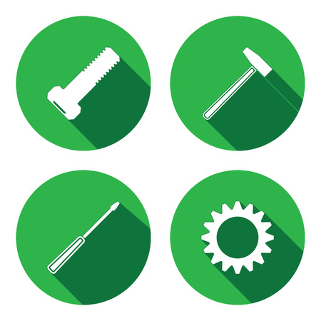 Tools icons set. Screwdriver hammer cogwheel bolt nut. Repair, fix, instrument symbol. Round circle green flat sign with long shadow. Vectorのイラスト素材