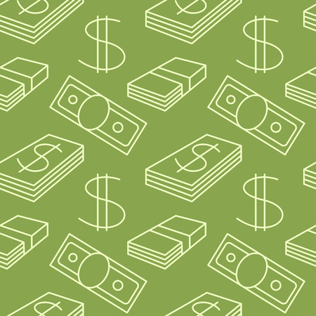 Currency seamless pattern. Dollar sign background. Texture with USD paper money symbols. Light line objects. Green colored. Vectorのイラスト素材