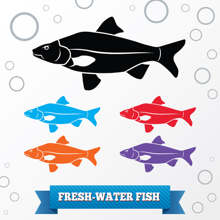 Fish icon. Food symbol. Cyprinidae family Crucian . Fresh-water, fish color signs with label on white background. Vector isolated.のイラスト素材