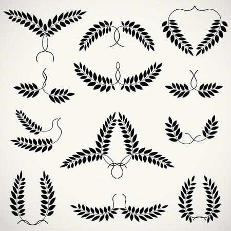 Laurel wreath tattoo set. Heart, wings,  view black signs. Valentine day, birthday greeting ornament. Victory, esteem, glory symbol. Vectorのイラスト素材