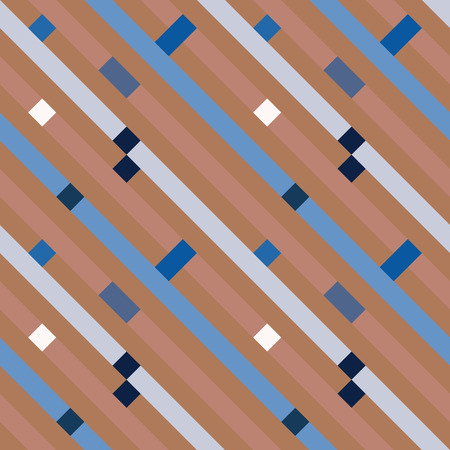 Seamless geometric stripy pattern. Texture of diagonal strips, lines. Rectangles on blue, orange, gray striped background. Vectorのイラスト素材