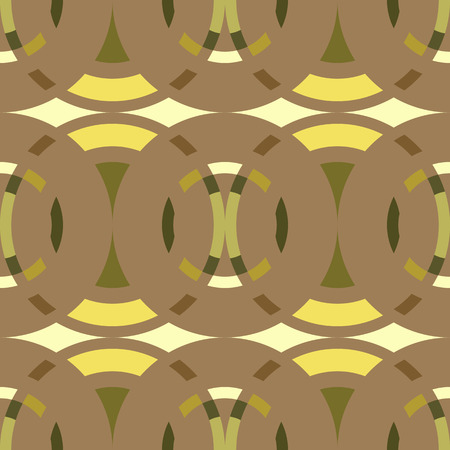 Seamless geometric abstract pattern. Rombus, circle view braiding figure texture. Green, brown, yellow colored background. Vectorのイラスト素材