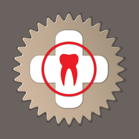 Dentist, stomatologist label icon. Medical symbol of health and medicine. Round insignia sign with shadow on gray background. Vectorのイラスト素材