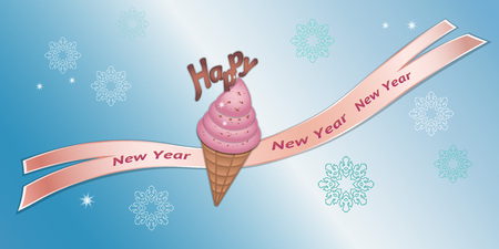 Greeting banner. Strawberry icecream with chocolate decor, ribbon, Happy New Year lettering and snowflakes. Labels for your design. Rosy, brown colored icons on blue background. Vectorのイラスト素材