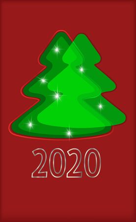New year pattern. Template frame for card design with isolated elemens of christmas tree, stars, 2020 text. Green and white objects on red background. Vectorのイラスト素材