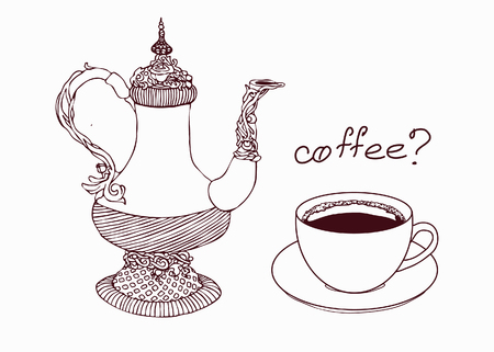 Stylized vintage coffee pot and cup of coffee.のイラスト素材