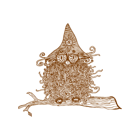 Hand drawn decorative owl or silwan sitting on a branchのイラスト素材