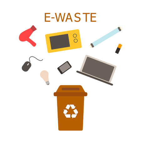 E-waste brown bin with computer mouse, microwave, hair dryer, battery, smartphone and lamps. Waste sorting and recycling concept. Color vector ilustration.のイラスト素材