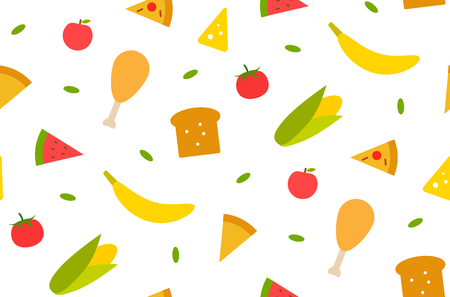 Seamless pattern with different food babana, corn, bread, meat, tomato, cheese. ets Textile print design Vector graphicのイラスト素材