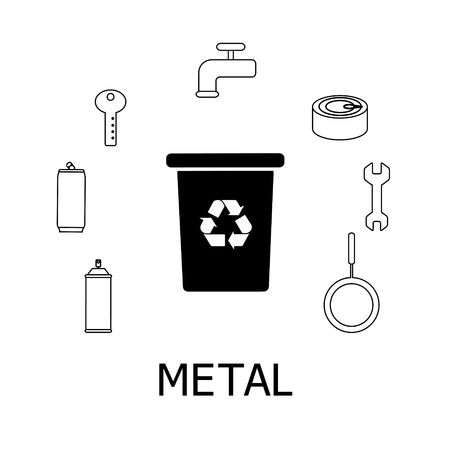 Collection of black and white icons of metal waste. Metal garbage and bin with recycling marc. Vector conceptのイラスト素材