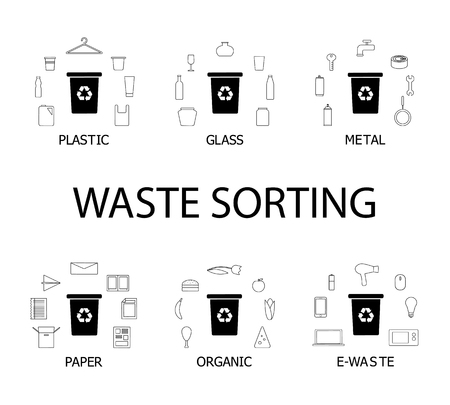 Six dustbins with different types of garbage - paper, metal, plastic, organic, e-waste and glass. Recycling concept vector illustration.のイラスト素材