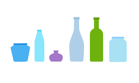 Set of 6 different glass jars and bottles. Vector illustration in flat style.のイラスト素材
