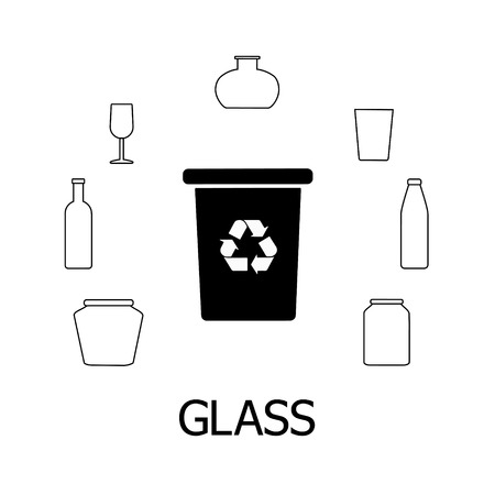 Collection of black and white icons of glass waste. Glass garbage and bin with recycling marc. Vector concept.の写真素材