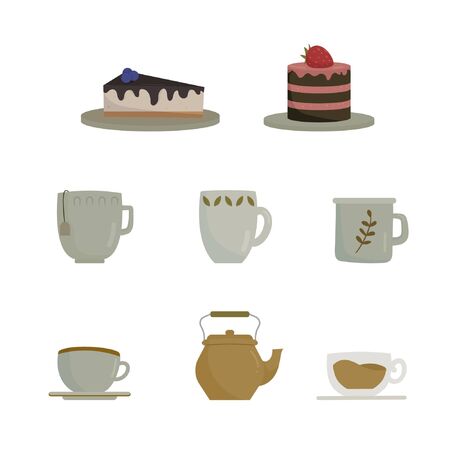 Colored set with tea cups, a teapot, strawberry cake and blueberry cheesecake. Flat vector illustration isolated on white background.のイラスト素材