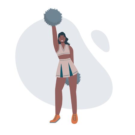 Young woman cheerleader with long flowing hair raises pipidastr up. A girl from the support group. Vector flat illustration isolated on white background.のイラスト素材