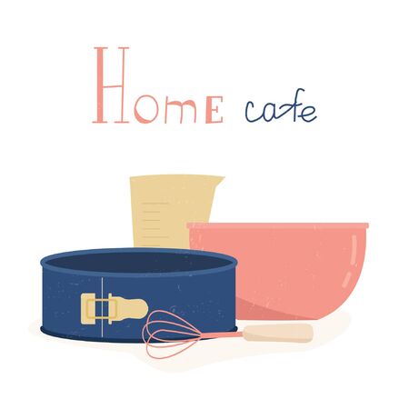 Flat vector illustration with the image of utensils for cooking baking. Collapsible baking dish, measuring cup, bowl, whisk. Still life in bright colors.のイラスト素材