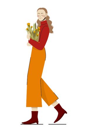 A tall happy girl is walking somewhere with a bouquet of yellow flowers. Girl with wavy hair holds colored flowers. Bright clothes. Flat vector illustration. Cute cartoon style. Isolatedのイラスト素材
