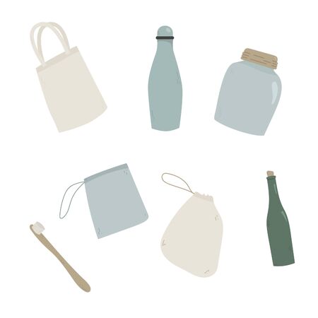 Set of drawn items for an eco lifestyle. Zero waste lifestyle. Hand drawn elements, flat color icons, isolated, white background.のイラスト素材