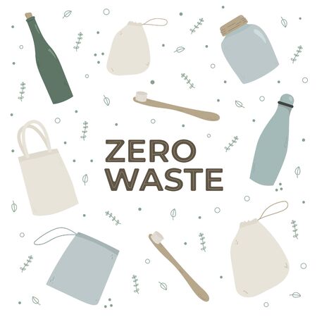 Zero waste lifestyle concept. Set of eco life symbols. Hand-drawn illustrations of zero waste. Vector isolated on white background.のイラスト素材