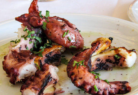 Grilled octopus tentacles on a white plate with sauce, sprinkled with herbs.