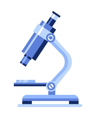 Microscope. Blue lab microscope. Chemistry laboratory equipment. Pharmaceutical instrument, microbiology tool. Symbol of science, exploration and research. Vector illustration isolated on whiteのイラスト素材