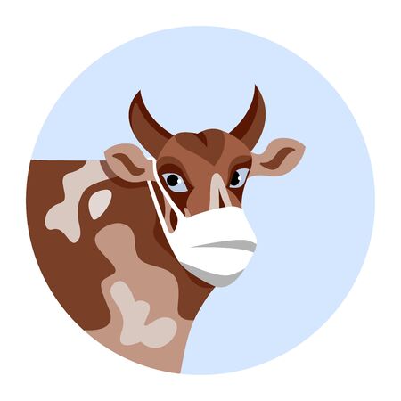 Bull or ox head in blue circle. Cute farm animal in protective mask. Brown bull in mask. Animal face mask. Eco dairy and milk safe production and industry. Vector illustration isolated on whiteのイラスト素材