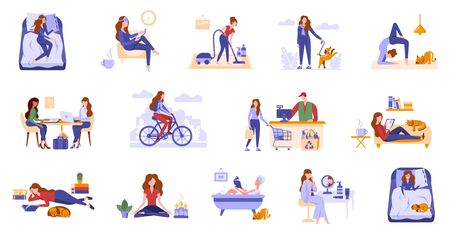 Young women spend leisure time, take care of herself. Daily routine, life scenes, everyday activities of a woman. Girls sleep, take bath, work, do sport, shopping, do hobbies, read book, surfe internet.のイラスト素材
