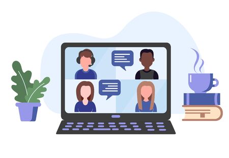 Video online conference. Video meeting and interview. Online communication. Working freelance, e-learning or studying at home in laptops. Vector illustration isolated on whiteのイラスト素材
