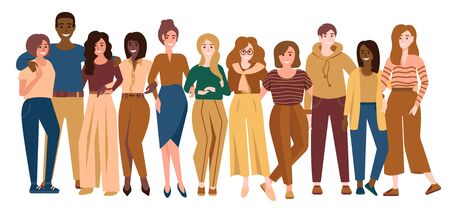 Multiracial team or students. Group of smiling people, happy friends. Hugging young people of different nationalities. Teamwork, society, friends concept. Vector illustration isolated on whiteのイラスト素材