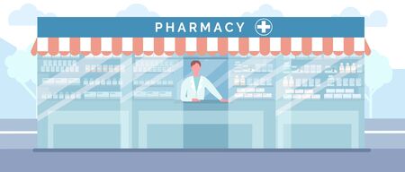 Pharmacist in drugstore standing near. Pharmacy store with medicaments, medicines and pills. Vector illustration isolated on whiteのイラスト素材