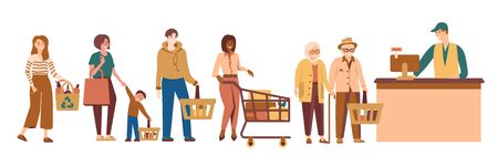 Male and female Ñustomers with shopping carts stand at grocery store near cashier desk. Queue in supermarket. Men and women, different generations make purchases in shop. Vector isolated on whiteのイラスト素材