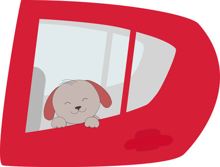 Little dog in red car in cartoon style. Cute puppy in car templateのイラスト素材