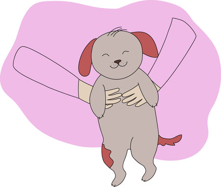 Cute puppy in woman hands in cartoon style. Dog adoption template in pink backgroundのイラスト素材