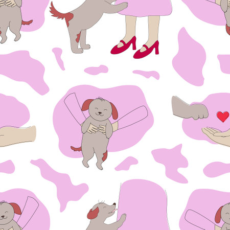 Seamless pattern with little dog in cartoon style. Vector print with cute brown puppiesのイラスト素材