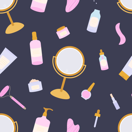 Vector seamless pattern with makeup mirror, gua sha roller ans stones, organic skin products. Facial moisturized cream, toner, cleanser, massage oilのイラスト素材