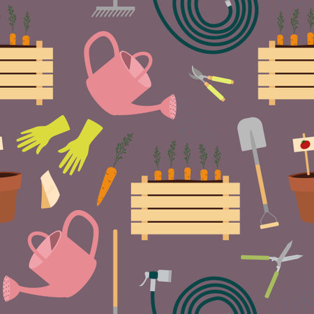 Seamless pattern with gardening equipment watering can, water hoses, seedling boxes, hedge shears, garden pruners, planting potsのイラスト素材