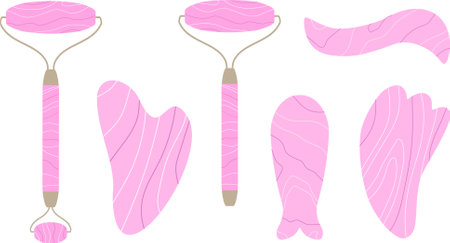 Rose quartz roller and Gua sha stones and roller for face and body massage treatment isolated in white background. Home beauty skin routineのイラスト素材