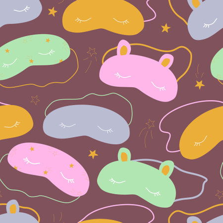Seamless pattern with cozy sleeping masks with eyes and animal ears. Vector print with sleep masksのイラスト素材